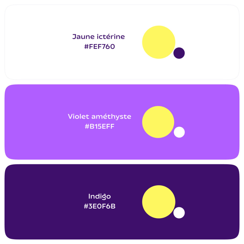 Description des couleurs utilisées dans le projet : Le jeune ictérine, le violet améthyste et l'indigo